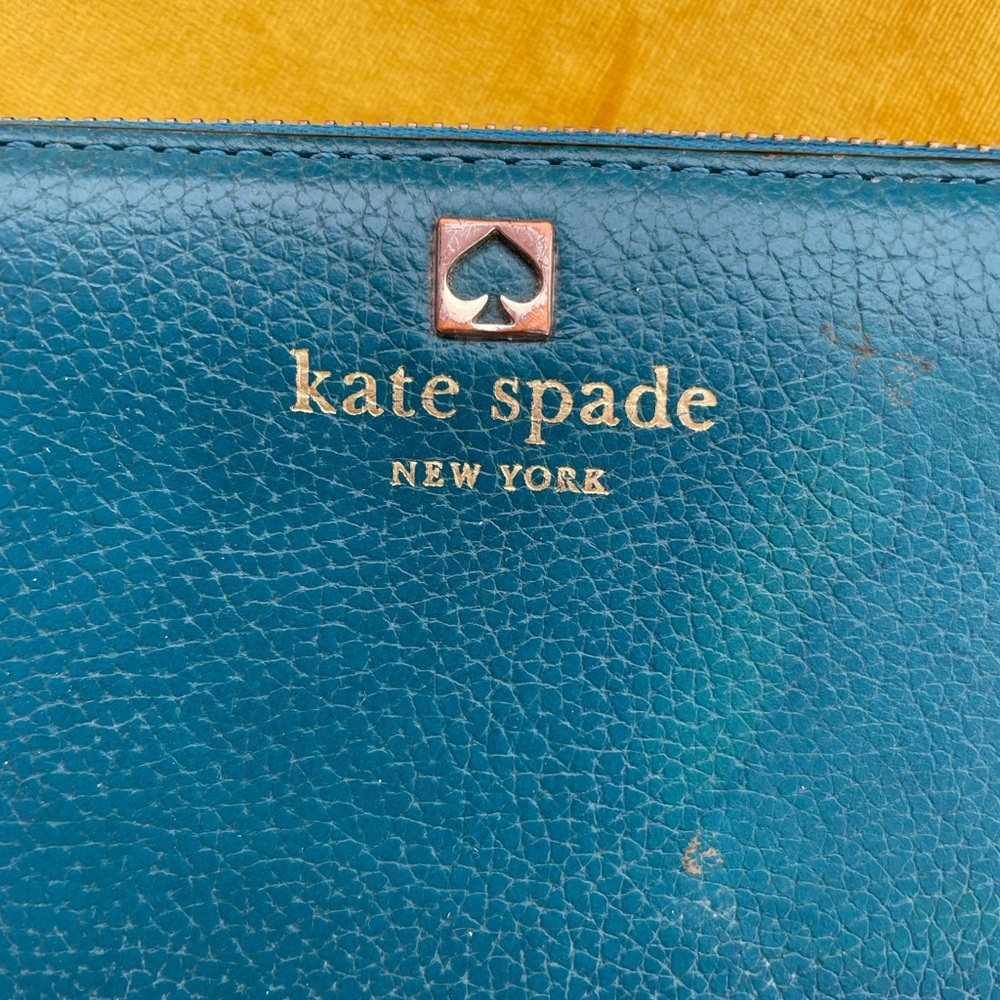 Kate Spade Turquoise Leather Zippered Wallet 4” x 8” - Picture 2 of 9